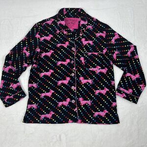 Victoria's Secret Pajama Shirt Womens Small Black Pink Dachshund Hearts Cotton